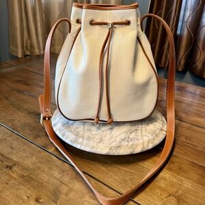 VTG 90s Y2K Talbots Handbag Cream Brown Leather Shoulder Purse Hobo Bucket Bag